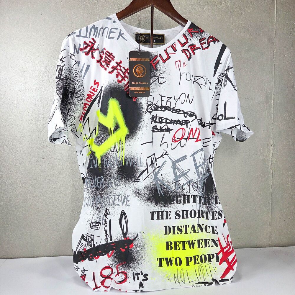Black Pharaoh All Over Graffiti Print Sketch Graphic T-Shirt White Men Large NWT